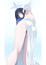 ass blue_archive blue_eyes blue_hair blue_halo colored_inner_hair dress elbow_gloves feet_out_of_frame from_behind gloves halo highres legs multicolored_hair official_alternate_costume ohajiki_0000 saori_(blue_archive) saori_(dress)_(blue_archive) strapless strapless_dress white_dress white_gloves
