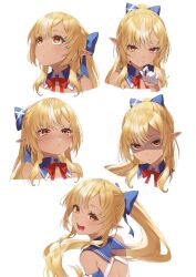 1girl bare_shoulders biting_own_lip blonde_hair blue_bow blue_collar bow bowtie collar commentary criss-cross_back-straps criss-cross_halter cropped_shoulders crying dark-skinned_female dark_skin detached_collar elf floating_hair grin hair_bow hair_over_shoulder halterneck hand_up high_ponytail highres hololive light_blush long_hair looking_back looking_up multicolored_hair multiple_views open_mouth pointy_ears ponytail pout red_bow red_bowtie roridaitouryou serious shaded_face shiranui_flare shiranui_flare_(1st_costume) shirt sidelocks simple_background smile smug snot streaked_hair surprised tearing_up teeth turning_head upper_body virtual_youtuber white_background white_hair white_shirt