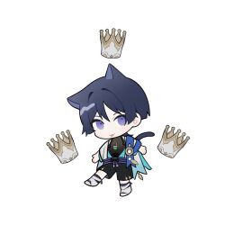 1boy animal_ears belt black_belt black_bodysuit black_bow black_hair black_leggings black_shorts blue_cape blue_kimono blunt_ends bodysuit bow cape cat_ears chibi crown feathers furisode gem genshin_impact hakama hakama_shorts highres japanese_clothes juban kimono leg_warmers leggings looking_at_viewer male_focus open_clothes open_hands open_kimono outstretched_arms pleated_shorts pom_pom_(clothes) purple_eyes purple_rope purple_sash rope sash scaramouche_(genshin_impact) shorts shoulder_peek solo spread_arms tassel toeless_legwear tongue tongue_out touxin_0316 vision_(genshin_impact) wanderer_(genshin_impact) white_background white_gemstone white_kimono white_leg_warmers yellow_feathers