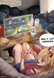 :d absurdres artist_name bag bag_of_chips blue_shorts can chainsaw_man commentary couch cup cup_ramen denim denim_shorts disposable_cup doritos drink_can electric_fan english_commentary eyelashes grimace_(mcdonald&#039;s) hair_over_one_eye happy_meal highres horns indoors l1amanade long_hair looking_at_viewer looking_back mcdonald&#039;s monitor monster_energy open_mouth paper_bag pink_shirt power_(chainsaw_man) powerwash_simulator red_horns shirt shorts sitting smile soda_can table tareme thighs trash trash_bag twitter_username