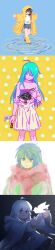:d animal_ears aqua_hair bird blue_eyes blue_hair boots brown_hair cat_ears closed_mouth coat colored_skin cowboy_shot cyberseaurchin dress expressionless grey_shorts highres long_image open_mouth original pink_scarf pink_skin polka_dot polka_dot_background scarf shirt shorts smile tall_image upper_body water white_background white_coat white_hair white_shirt yellow_background yellow_boots yellow_coat yellow_hood