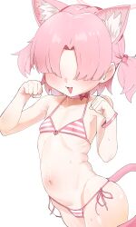 1girl absurdres animal_ear_fluff animal_ears bikini blue_archive blush cameltoe cat_ears cat_girl cat_tail chlorella_observation_club_member_(blue_archive) chlorella_observation_club_member_(swimsuit)_(blue_archive) choker faceless faceless_female flat_chest front-tie_bikini_top front-tie_top hair_bobbles hair_ornament hair_over_eyes halo heart highres loli micro_bikini multicolored_bikini official_alternate_costume open_mouth paw_pose pink_bikini pink_choker pink_hair rinki_(rink2) side-tie_bikini_bottom solo striped_bikini striped_clothes swimsuit tail two-tone_bikini two_side_up white_choker