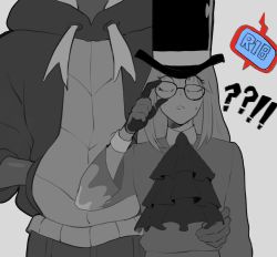 Rule 34 | !?, 2boys, adjusting eyewear, ascot, avery (pokemon), black hair, commentary, constricted pupils, dark-skinned male, dark skin, english commentary, gen 4 pokemon, glasses, greyscale, gym leader, hat, head out of frame, height difference, highres, long hair, male focus, monochrome, multiple boys, nintendo, nyantcha, pokemon, pokemon (creature), pokemon swsh, raihan (pokemon), rotom, rotom phone, speech bubble, spot color, standing, top hat, torso grab, trap, yaoi