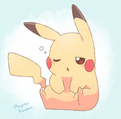 1other aqua_border artist_name blush_stickers border check_commentary commentary_request gen_1_pokemon mugita_konomi nintendo no_humans one_eye_closed open_mouth outside_border pikachu pokemon pokemon_(creature) round_border sitting sleepy solo squeans twitter_username white_background