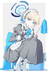 1girl apron black_dress black_gloves blonde_hair blue_archive blue_bow blue_eyes blue_ribbon bow bucket bun_cover closed_mouth commentary_request dress duster fingerless_gloves gloves hair_bun hair_ribbon halo high_heels highres holding holding_duster juliet_sleeves long_sleeves looking_at_viewer maid maid_headdress nichaku puffy_sleeves ribbon simple_background solo squatting toki_(blue_archive) v white_apron