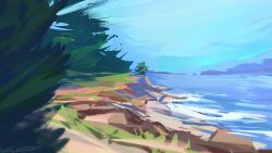 Rule 34 | blue sky, bush, day, landscape, mountainous horizon, no humans, original, outdoors, painterly, scenery, shore, sky, surf, tree, water, zandra