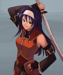 1girl :p absurdres black_gloves breasts detached_sleeves fingerless_gloves fire_emblem fire_emblem:_path_of_radiance gloves green_eyes hair_between_eyes hairband hand_on_own_hip highres holding holding_sword holding_weapon long_hair looking_at_viewer marukubi9595 medium_breasts mia_(fire_emblem) nintendo purple_hair solo sword tongue tongue_out upper_body weapon white_hairband