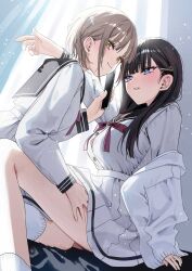2girls arm_on_another&#039;s_shoulder bare_legs black_hair blue_eyes blush breasts brown_hair cellphone chigusa_minori curtains flower fukami_yuu hair_behind_ear hair_flower hair_ornament hairclip hand_on_another&#039;s_thigh highres holding holding_phone jacket large_breasts light_particles long_hair looking_at_another mole mole_under_eye multiple_girls neck_ribbon novel_illustration oboreru_bed_de_tenshi_no_negao_o_mitaidake. off_shoulder official_art parted_lips phone pleated_skirt ribbon sailor_collar sailor_shirt school_uniform second-party_source shirt short_hair sideways_glance single_sleeve_past_wrist sitting skirt smartphone smile yellow_eyes yukihara_ayana yuri
