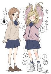 Rule 34 | 2girls, :t, ?, ankle socks, arms at sides, arms up, artist name, bare legs, blonde hair, blue bow, blue bowtie, blue skirt, blue socks, blush, bow, bowtie, braid, breasts, bright pupils, brown eyes, brown hair, brown shoes, brown sweater, character request, clenched hands, closed eyes, closed mouth, collared shirt, commentary request, confused, copyright request, full body, hair over shoulder, height envy, highres, holding, holding own hair, jacket, knee blush, loafers, long hair, long sleeves, looking at another, low twin braids, low twintails, medium breasts, miniskirt, multiple girls, nakanakacxy, nose blush, open mouth, parted bangs, pink jacket, pleated skirt, puffy cheeks, puffy long sleeves, puffy sleeves, raised eyebrows, school uniform, shirt, shoes, simple background, skirt, sneakers, socks, speech bubble, standing, sweat, sweater, thought bubble, tiptoes, translation request, trembling, twin braids, twintails, v-neck, v-shaped eyebrows, wavy mouth, white background, white pupils, white shirt, white shoes, white socks