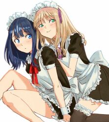 2girls apron black_dress black_hair blue_eyes breasts dress frilled_apron frills gridman_universe gridman_universe_(film) hair_ornament long_hair looking_at_viewer maid maid_apron maid_headdress minami_yume multiple_girls ribbon risyo short_sleeves simple_background skirt takarada_rikka thighhighs thighs white_apron white_background wrist_cuffs