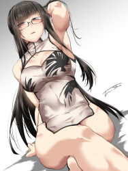 1girl bare_shoulders blush breasts brown_hair china_dress chinese_clothes cleavage cleavage_cutout clothing_cutout crossed_arms dress fate/grand_order fate_(series) glasses grey_eyes highres kurohime_(fate) large_breasts long_hair looking_at_viewer pelvic_curtain scar scar_across_eye scar_on_face short_dress sidelocks sitting solo tgxx3300 thighs white_dress