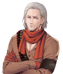 1boy armband bandolier beard belt blue_hair crossed_arms facial_hair furrowed_brow gloves grey_hair lunarclinic male_focus metal_gear_(series) metal_gear_solid_v:_the_phantom_pain mullet partially_unbuttoned red_gloves red_scarf revolver_ocelot scarf simple_background solo sweat upper_body white_background