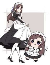 Rule 34 | 1girl, alternate costume, apron, apron hold, black dress, black shoes, border, bow, brown hair, character doll, closed mouth, doll, dress, enmaided, full body, grey background, hair bow, hand up, high heels, ito fumi, juliet sleeves, long hair, long sleeves, looking at viewer, maid, maid headdress, motion lines, outside border, pantyhose, parted bangs, puffy sleeves, purple bow, purple eyes, shoes, shoujo kageki revue starlight, simple background, smile, solo, standing, stuffed toy, tendou maya, white apron, white border, white pantyhose