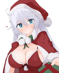 1girl ahoge blue_eyes breasts closed_mouth commentary dress english_commentary gift hat highres holding holding_gift honkai_(series) honkai_impact_3rd kiana_kaslana large_breasts long_hair looking_at_viewer red_dress samate santa_costume santa_hat simple_background smile solo spaghetti_strap upper_body white_background white_hair