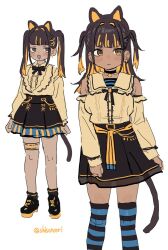 Rule 34 | 2girls, :d, animal ears, black choker, black hair, black shoes, black skirt, black thighhighs, blonde hair, blue thighhighs, cat ears, cat tail, character request, choker, closed mouth, collarbone, copyright request, dark skin, detached sleeves, horizontal-striped thighhighs, jirai kei, long hair, long sleeves, looking at viewer, multicolored hair, multicolored thighhighs, multiple girls, open mouth, shirt, shisoneri, shoes, simple background, skirt, smile, tail, thigh strap, thighhighs, twintails, twitter username, white background, yellow eyes, yellow shirt, zettai ryouiki