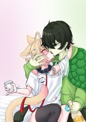 1boy 1girl ahoge animal_ear_fluff animal_ears bandaid bandaid_on_knee bandaid_on_leg black_collar black_hair black_thighhighs blonde_hair blush bottle cat_ears cat_girl cat_tail closed_eyes collar colored_skin cup glasses gradient_background green_eyes green_hoodie green_skin holding holding_bottle holding_cup hood hoodie indie_virtual_youtuber kiss leash minikomew oversized_clothes oversized_shirt ritspi shirt t-shirt tail thighhighs turtle_shell vedal987 white_shirt