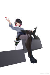 1girl absurdres bangboo_(zenless_zone_zero) black_choker black_hair black_pantyhose black_skirt candy choker collared_shirt colored_inner_hair deliaoqingquedebing_sty ellen_joe ellen_joe_(on_campus) fins fish_tail food full_body highres holding holding_candy holding_food holding_lollipop lollipop mole mole_under_eye multicolored_hair official_alternate_costume pantyhose red_eyes school_uniform shark_girl shark_tail shirt short_hair simple_background sitting skirt tail white_shirt zenless_zone_zero