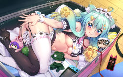 1girl :q absurdres ahoge animal_ear_fluff animal_ears apron aqua_hair armpit_crease ass asymmetrical_legwear bag bare_shoulders black_panties black_shoes black_thighhighs blue_eyes breasts cat_ears center_frills character_doll closed_mouth covered_erect_nipples detached_sleeves frills garter_straps gradient_hair hair_ornament hairclip high_heels highres in_bag in_container indie_virtual_youtuber lanmewko large_breasts long_hair looking_at_viewer lying maid_apron maid_headdress midriff mismatched_legwear multicolored_hair navel necktie nintendo_switch on_side panties prehensile_hair raised_eyebrow revealing_clothes shennai_misha shoes short_necktie smile solo stomach thighhighs thighs tongue tongue_out underboob underwear virtual_youtuber waist_apron white_thighhighs wing_collar wrist_cuffs