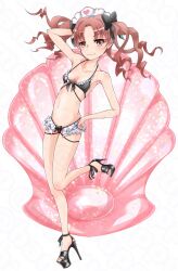 Rule 34 | 1girl, absurdres, arm behind head, bikini, black bikini, black ribbon, breasts, brown eyes, brown hair, commentary request, frilled bikini, frills, full body, hair ribbon, hamuppo, hand on own hip, heart, high heels, highres, platform sandals, ribbon, sandals, scallop, shirai kuroko, simple background, skinny, small breasts, solo, standing, standing on one leg, swimsuit, toaru kagaku no railgun, toaru majutsu no index, twintails, white background
