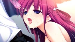 1boy 1girl :o belt black_belt black_pants blue_eyes bow clothed_male_nude_female condom cum cum_on_chest curtains drinking_from_condom dutch_angle from_side fumio_(ura_fmo) furrowed_brow game_cg gokkun grisaia_(series) grisaia_no_meikyuu hair_bow hair_rings indoors kazami_yuuji light_blush long_hair looking_at_another looking_up non-web_source nude official_art open_mouth out_of_frame pants portrait raised_inner_eyebrows red_hair shirt solo_focus sparkling_eyes suou_amane sweat used_condom white_bow white_shirt