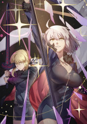 2girls ahoge artoria_pendragon_(fate) bad_id bad_pixiv_id black_dress black_jacket blue_jacket breasts club3 coat dark_persona dress excalibur_(fate/stay_night) excalibur_morgan_(fate) fate/grand_order fate_(series) flag flagpole fur-trimmed_coat fur-trimmed_jacket fur-trimmed_sleeves fur_collar fur_trim graphite_(medium) highres holding holding_sword holding_weapon jacket jeanne_d&#039;arc_(fate) jeanne_d&#039;arc_alter_(avenger)_(fate) jeanne_d&#039;arc_alter_(fate) jeanne_d&#039;arc_alter_(ver._shinjuku_1999)_(fate) jewelry large_breasts long_hair looking_at_viewer looking_up multiple_girls necklace official_alternate_costume open_clothes open_coat open_jacket parted_lips saber_alter saber_alter_(ver._shinjuku_1999) short_dress short_hair sparkle sword traditional_media weapon wicked_dragon_witch_ver._shinjuku_1999 yellow_eyes