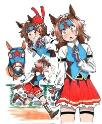 Rule 34 | 1girl, 2others, 31 minutos, :d, andony strawhat, animal ears, black gloves, blush, boots, brown boots, brown hair, frilled skirt, frills, gloves, highres, horse, horse girl, juan carlos bodoque, long sleeves, looking at viewer, multiple others, open mouth, puppet, rabbit, red fur, red skirt, running, shirt, skirt, smile, star (symbol), striped clothes, striped shirt, tail, teeth, tongue, tongue out, umamusume, white background, white shirt, yellow eyes