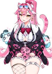 1girl absurdres animal_ears animal_print black_jacket black_thighhighs blush bow bowtie breasts center_frills chattino_(raora_panthera) collared_shirt commentary earrings extra_ears frilled_shirt frills goggles goggles_on_head hair_intakes hair_ornament hair_scrunchie hairclip hayate_fish heart high_ponytail highres hololive hololive_english jacket jewelry large_breasts leopard_print long_hair long_sleeves looking_at_viewer multicolored_hair multicolored_jacket open_mouth panther_ears panther_girl panther_tail pink_bow pink_bowtie pink_hair pink_jacket pink_scrunchie pink_skirt polka_dot polka_dot_scrunchie ponytail raora_panthera scrunchie shirt simple_background single_thighhigh skirt smile star_(symbol) star_earrings streaked_hair suspenders tail thigh_strap thighhighs thighs two-tone_hair two-tone_jacket virtual_youtuber white_background white_shirt yellow_eyes zipper_pull_tab