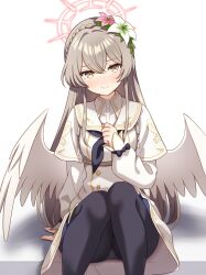 1girl black_pantyhose blue_archive blush brown_eyes brown_hair closed_mouth dress feet_out_of_frame flower gesupi_(provlemsolver57) hair_flower hair_ornament halo highres long_sleeves looking_at_viewer nagisa_(blue_archive) pantyhose pink_flower red_halo sitting solo white_dress white_flower white_wings wings