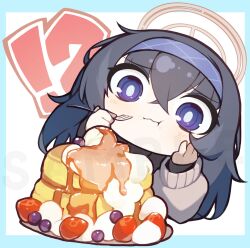 !? 1girl :t blue_archive blueberry bright_pupils brown_cardigan cardigan chibi chibi_only closed_mouth commentary_request crossed_bangs eating food food_on_face fork fruit furrowed_brow grey_hair hair_between_eyes hairband halo hand_on_own_cheek hand_on_own_face harufude highres holding holding_fork long_hair long_sleeves maple_syrup pancake pancake_stack plate purple_eyes purple_hairband solo strawberry ui_(blue_archive) white_pupils yellow_halo
