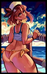 1girl arm_support ass atelier_(series) back bare_shoulders bikini black_border blue_sky blush boat border braid breasts brown_eyes brown_hair butt_crack closed_mouth cloud cowboy_shot curvy earrings from_behind hair_ornament highres huge_ass jewelry looking_at_viewer looking_back mogy64 necklace ocean outdoors reisalin_stout short_hair side-tie_bikini_bottom sky smile solo sweat swimsuit tan tanline thick_thighs thighs thong thong_bikini water watercraft wet wide_hips