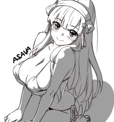 1girl artist_name asava_(hutaitenn) bikini breasts cleavage double_bun fletcher_(kancolle) fletcher_kai_(kancolle) folded_hair hair_bun hair_ornament hairband highres kantai_collection large_breasts long_hair monochrome seiza side-tie_bikini_bottom sitting smile solo star_(symbol) star_hair_ornament swimsuit