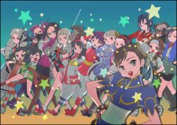 Rule 34 | 1boy, 6+girls, :d, = =, ^ ^, absurdres, adjusting eyewear, asamiya athena, ayame (power stone), ayuhara natsu, bengus, bird, black hair, black mask, black pantyhose, blonde hair, blue jacket, blunt bangs, brown hair, bun cover, camera, capcom, capcom fighting jam, chinese clothes, chun-li, claire (star gladiator), closed eyes, double bun, drill hair, glasses, goggles, goggles on head, grey eyes, hair bun, hawk, headband, hibiki ran, high heels, highres, himezaki aoi, holding, holding camera, holding sword, holding weapon, iinchou (justice gakuen), ingrid (capcom), jacket, justice gakuen, karuizawa momo, kirishima yurika, long hair, looking at viewer, mamahaha, mask, minazuki kyouko, mouth mask, multiple girls, nakoruru, non-web source, odd one out, official art, one eye closed, open mouth, orange eyes, pantyhose, power stone, puffy short sleeves, puffy sleeves, purple hair, rapier, red eyes, samurai spirits, shimazu hideo, shoes, short hair, short sleeves, smile, sneakers, snk, star (symbol), star gladiator, street fighter, sword, the king of fighters, v, v over eye, wakaba hinata, weapon, white headband