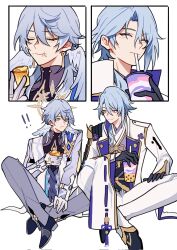 ! !! 2boys armor asymmetrical_armor asymmetrical_hair black_armor black_gloves black_shoes black_vest blue_hair bubble_tea closed_eyes coat commentary_request corrupted_twitter_file crossover cup disposable_cup drinking_straw earrings eating eye_contact feathered_wings food food_on_face genshin_impact glove_cutout gloves gold_earrings grey_hair grey_jacket grey_pants hair_between_eyes hair_over_shoulder half_gloves halo halo_behind_head hand_up head_wings highres holding holding_cup holding_food honkai:_star_rail honkai_(series) indian_style jacket japanese_armor jewelry kamisato_ayato light_blush long_sleeves looking_at_another male_focus medium_hair mihoyo mole mole_under_mouth multiple_boys pants parted_bangs piercing popped_collar purple_eyes purple_shirt ribbon-trimmed_sleeves ribbon_trim ring shirt shoes shoulder_armor simple_background single_sode sitting smile sode spiked_halo sunday_(honkai:_star_rail) tailcoat vest white_background white_coat white_gloves white_pants white_wings wide_sleeves wing_piercing wings yellow_eyes yuelinpanp98413