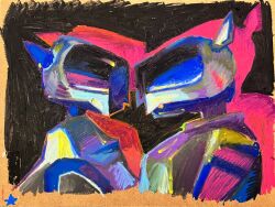 Rule 34 | aibo (robot), animal, animal focus, border, brown border, colorful, commentary, dog, english commentary, highres, looking at another, no eyes, no humans, non-humanoid robot, pastel (medium), robot, robot animal, robot dog, segatoys, sony, star (symbol), traditional media