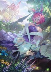 1boy 1girl against_tree age_difference animal_ears armor beard black_pants black_skirt blue_flower book boots bracer breastplate brown_boots castle closed_eyes cloud collarbone damaged don_quixote_(fate) dress dutch_angle elbow_gloves facial_hair fate/grand_order fate_(series) feather_nib_pen flower flower_request game_cg glasses gloves hair_bun hand_on_another&#039;s_head hands_up head_tilt height_difference helmet holding holding_book holding_pen horse_ears horse_girl horse_tail jewelry lace lace-trimmed_gloves lace_trim lance lap_pillow long_beard long_mustache looking_at_another looking_down lupinus_(flower) lying murayama_ryota mustache necklace nib_pen_(object) official_art old old_man on_back pants parted_bangs pen pink_hair polearm purple_dress purple_flower sancho_(fate) sash shield short_hair shoulder_sash sidelocks single_hair_bun sitting skirt sky sleeveless sleeveless_dress strapless strapless_dress swept_bangs tail third-party_source tiara tree unworn_headwear unworn_helmet veins weapon white_facial_hair white_flower white_gloves white_hair white_sash wrinkled_skin yellow_flower