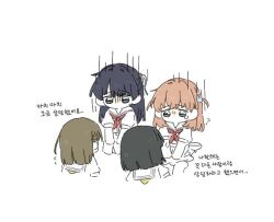 4girls ? black_hair blue_eyes blue_ribbon blunt_ends bob_cut brown_hair dress gloom_(expression) hair_ornament hair_ribbon half_updo hasu_no_sora_school_uniform hinoshita_kaho kachimachi_kosuzu korean_text link!_like!_love_live! love_live! medium_dress medium_hair momose_ginko multiple_girls murano_sayaka neckerchief orange_hair puffy_short_sleeves puffy_sleeves rabbit_hair_ornament red_neckerchief red_ribbon ribbon sailor_collar sailor_dress school_uniform seiza short_hair short_sleeves side_ahoge simple_background sitting summer_uniform translation_request two_side_up virtual_youtuber white_background white_dress white_sailor_collar yellow_neckerchief zueka27