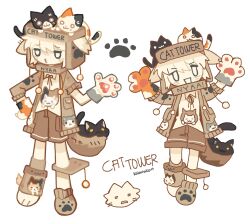 1other androgynous animal animal_ears animal_hands black_cat brown_cardigan brown_hat brown_shorts cardigan cat cat_ears cat_paws cat_tower colored_skin commentary english_commentary hat highres kalawakan multiple_views open_cardigan open_clothes original other_focus pawpads personification pom_pom_(clothes) shirt shorts simple_background white_background white_cat white_shirt white_skin