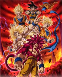 Rule 34 | 1boy, black hair, blonde hair, body fur, commentary, dougi, dragon ball, dragon ball daima, fellipart, green eyes, highres, long hair, male focus, monkey boy, monkey tail, muscular, muscular male, orange pants, pants, red eyes, red fur, red hair, saiyan, solo, son goku, spiked hair, super saiyan, super saiyan 1, super saiyan 2, super saiyan 3, super saiyan 4, tail