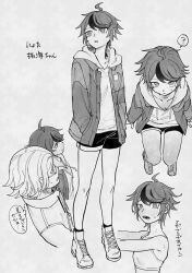 1boy 1girl ? ahoge aotsuki_eito blush closed_mouth full_body genderswap genderswap_(mtf) glasses greyscale hands_in_pockets highres jacket monochrome open_clothes open_jacket open_mouth shoes shorts simple_background speech_bubble sumino_takumi the_hundred_line_-last_defense_academy- wagomu_722 white_background