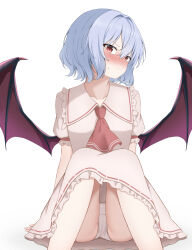 1girl absurdres arms_at_sides ascot bat_wings blue_hair blush cameltoe closed_mouth commentary_request embarrassed eyelashes frilled_shirt_collar frilled_skirt frilled_sleeves frills frown hair_between_eyes hair_intakes highres knees_up looking_at_viewer medium_hair no_headwear nose_blush paid_reward_available panties puffy_short_sleeves puffy_sleeves red_ascot red_eyes remilia_scarlet ribbon-trimmed_skirt ribbon_trim shirt short_sleeves simple_background sitting skirt slit_pupils solo sweatdrop szl touhou tsurime underwear v-shaped_eyebrows variant_set white_background white_panties white_shirt white_skirt wings