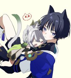 1boy 1girl animal_ears animal_print anklet aqua_gemstone armlet belt black_belt black_bodysuit black_shorts blue_cape blunt_ends blush bodysuit bracelet bright_pupils cape cat_boy cat_ears cat_girl cat_print cat_tail choppy_bangs closed_eyes closed_mouth colored_tips detached_sleeves dress eyelashes feathers gem genshin_impact gold gold_trim gradient_hair green_background green_cape green_hair hair_ornament hakama hakama_shorts half_crown_braid hand_on_another&#039;s_chest head_on_another&#039;s_chest highres hirarinoie japanese_clothes jewelry kimono leaf leaf_hair_ornament leg_warmers looking_at_viewer lying lying_on_person mandarin_collar multicolored_hair nahida_(genshin_impact) on_back open_clothes open_kimono pleated_shorts pointy_ears pom_pom_(clothes) purple_eyes purple_sash ringed_eyes sash scaramouche_(genshin_impact) short_hair shorts sidelocks sketch sleeping socks streaked_hair tail tsurime vision_(genshin_impact) wanderer_(genshin_impact) white_dress white_hair white_kimono white_leg_warmers white_pupils white_socks yellow_feathers