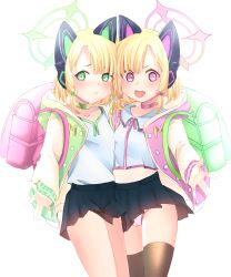 2girls absurdres animal_ears backpack bag black_skirt black_socks blonde_hair blue_archive blush breasts cameltoe cat_ears choker clothes_lift cropped_shirt dot_nose embarrassed eyebrows_hidden_by_hair eyelashes fake_animal_ears fang feet_out_of_frame female_focus green_choker green_eyes green_halo green_jacket green_shirt halo highres jacket kneehighs loli long_sleeves looking_afar looking_at_viewer looking_to_the_side medium_hair meemz_a midori_(blue_archive) momoi_(blue_archive) multicolored_jacket multiple_girls open_clothes open_jacket open_mouth outstretched_arm panties pantyshot pink_choker pink_eyes pink_halo pink_jacket pink_panties pink_shirt shirt siblings sisters skin_fang skirt skirt_lift small_breasts smug socks standing twins two-tone_jacket two-tone_shirt underwear white_shirt yellow_jacket yellow_panties