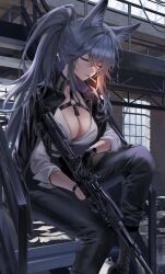 Rule 34 | 1girl, absurdres, animal ears, boots, breasts, character request, cigarette, closed eyes, copyright request, gun, highres, large breasts, pants, rifle, sniper rifle, tagme, tail, weapon