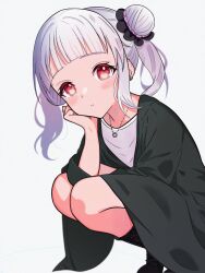 1girl arashi_chisato arched_bangs black_boots black_coat blush boots closed_mouth coat commentary double_bun full_body hair_bun hand_on_own_cheek hand_on_own_face hashtag-only_commentary highres jewelry long_hair long_sleeves looking_at_viewer love_live! love_live!_superstar!! necklace red_eyes ring ring_necklace shirt simple_background smile solo split_mouth squatting strawberryhat twintails white_background white_hair white_shirt
