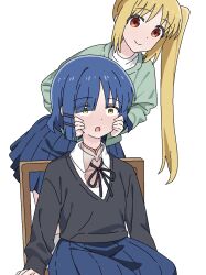 2girls black_jacket blonde_hair blue_hair bocchi_the_rock! chair disembodied_head dullahan green_jacket hair_ornament hairclip hands_on_another&#039;s_cheeks hands_on_another&#039;s_face highres ijichi_nijika jacket jbxpism misplaced_genitals multiple_girls on_chair penis penis_neck ponytail pussy shirt side_ponytail simple_background sitting solo textless_version uncensored what white_background white_shirt yamada_ryo yellow_eyes