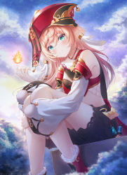 Rule 34 | 1girl, absurdres, antlers, aqua eyes, bare shoulders, black shorts, closed mouth, crop top, detached sleeves, fire, genshin impact, hat, highres, horns, ichizon, knees up, long hair, long sleeves, looking at viewer, midriff, pink hair, red hat, revealing clothes, short shorts, shorts, sitting, solo, thighs, wide sleeves, yanfei (genshin impact)