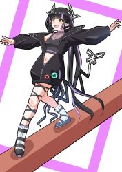 1girl balance_beam balancing black_boots black_hair black_jacket black_ribbon black_shirt blunt_bangs blush boots breasts cleavage commentary_request crop_top demon_girl demon_horns demon_tail full_body highres horns jacket kojo_anna kojo_anna_(1st_costume) leg_ribbon long_hair long_sleeves looking_afar medium_breasts midriff multicolored_boots multicolored_hair nanashi_inc. navel open_clothes open_jacket open_mouth pointy_ears purple_hair ribbon robou_no_stone see-through_cleavage see-through_clothes see-through_shirt shirt sleeveless sleeveless_shirt solo sugar_lyric tail twintails two-tone_hair very_long_hair virtual_youtuber white_boots yellow_eyes zipper
