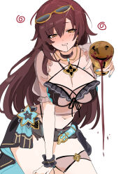 1girl absurdres awe_(adorableduckyy) bikini black_bikini black_sarong breasts brown_hair chalice check_clothing clothing_request commentary cup drooling eden_(flowing_rhyme)_(honkai_impact) eden_(honkai_impact) eyewear_on_head hair_between_eyes highres holding holding_cup honkai_(series) honkai_impact_3rd large_breasts long_hair looking_at_viewer navel official_alternate_costume orange_eyes sarong simple_background solo spilling stomach sunglasses swimsuit very_long_hair white_background