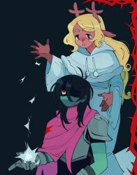 1girl 1other animal_ears antlers armor blonde_hair blue_skin cape capelet colored_skin commentary deer_antlers deer_ears deer_girl deltarune english_commentary furry furry_female highres hood hooded_capelet horns jewelry kris_(dark_world)_(deltarune) kris_(deltarune) long_hair nanaranjal noelle_holiday noelle_holiday_(dark_world) partially_shaded_face pink_cape red_eyes ring robe thorns very_long_hair weird_route_(deltarune) white_capelet white_robe