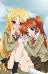 Rule 34 | 2girls, absurdres, blonde hair, blue eyes, blush, brown hair, cloud, couple, embarrassed, fate testarossa, fence, highres, looking at another, lyrical nanoha, mahou shoujo lyrical nanoha, mahou shoujo lyrical nanoha a&#039;s, multiple girls, open mouth, pocketbook, red eyes, school uniform, sky, socks, takamachi nanoha, thighs, yuri